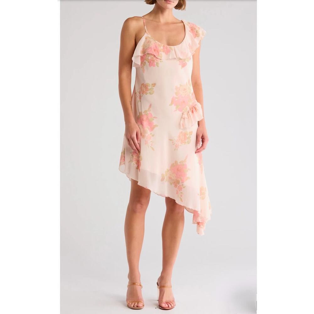 NWT Free People Alma Floral Midi Dress Size M Petal Pink Asymmetrical Hem Fairy